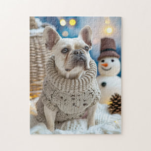 Frenchie mit Schneemann-Weihnachten Puzzle