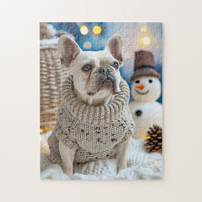 Frenchie mit Schneemann-Weihnachten Puzzle (Vertikal)