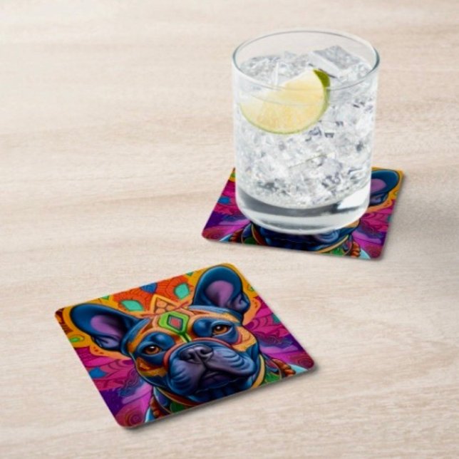 Frenchie Spaß  Rechteckiger Pappuntersetzer (Colourful Frenchie coaster set. 50 pt pulp board sets of 6. Dimensions: 4" x 4". )