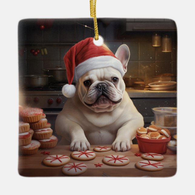 Frenchie Weihnachtskost Feiertag Keramikornament (Vorderseite)