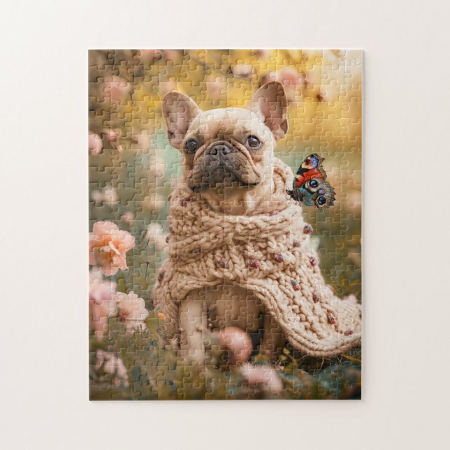Frenchie With Butterfly In Spring Puzzle (Vertikal)