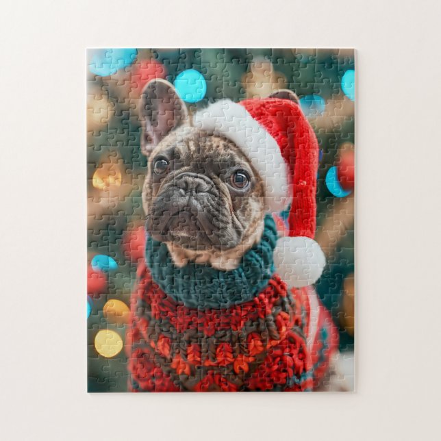 Frenchie With Santa Hat Christmas Tree Puzzle (Vertikal)