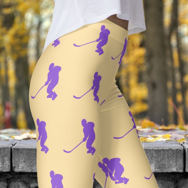 Fresh Beige White Womens Ice Hockey Pattern Leggings (Womens Ice Hockey on Beige Leggings)