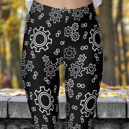Fresh Black Cogs Pattern Leggings