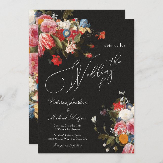 Fresh Blooms Floral Dark & Moody Wedding Einladung (Vorne/Hinten)