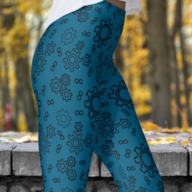 Fresh Blue Ocean Cogs Muster Leggings (Cogs on Ocean Blue Leggings)