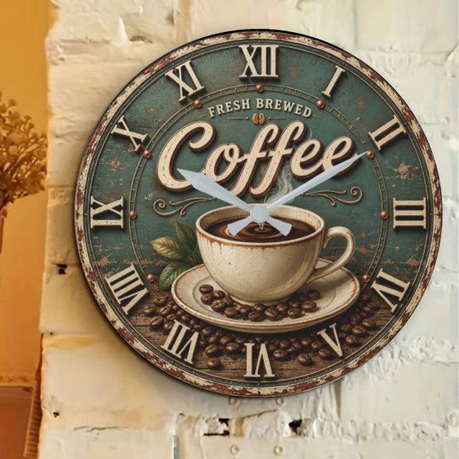 Fresh Brewed Coffee Rustic Farmhouse Große Wanduhr (Von Creator hochgeladen)