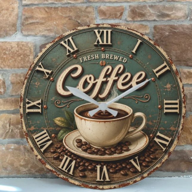 Fresh Brewed Coffee Rustic Farmhouse Große Wanduhr (Von Creator hochgeladen)