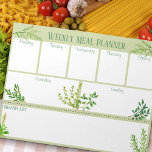 Fresh Kitchen Kraut - Green Weekly Meal Planner Notizblock<br><div class="desc">Jede Seite dieses abreißenden Notizblocks wird mit einem neuen wöchentlichen Essensplaner gedruckt. Sie können Ihre Mahlzeiten für jeden Wochentag abgeben und Ihre Einkaufsliste erstellen. Die Einkaufsliste kann dann von der Seite abgeschnitten werden, bereit zum Einkaufen. Das Design ist sanft grün mit einer Vielzahl von Küchenkräutern in Aquarell (z.B. Petersilie, Rosmarin,...</div>