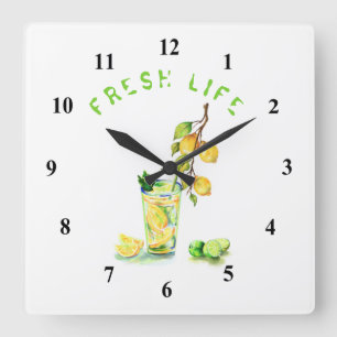 Fresh Lemon Juice Cool Drink Lemonade Summer Party Quadratische Wanduhr
