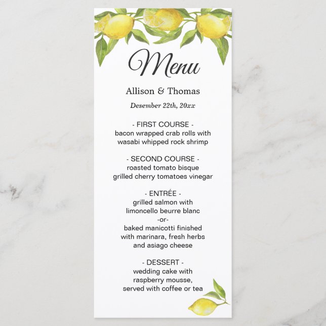 Fresh Lemons Blossom Greenerity Wedding Menu Card Menükarte (Vorderseite)