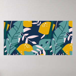 Fresh lemons, leaves background. Hand drawn overla Poster