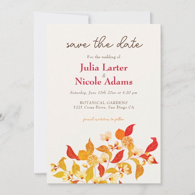 Fresh Lemony Liebe Citrus Foliage Hochzeit Save The Date (Vorderseite)