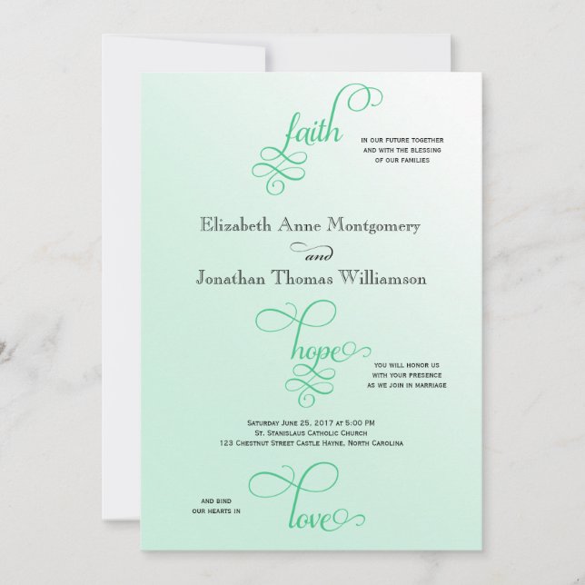 Fresh Mint Script Faith Hope & Liebe Wedding Einladung (Vorderseite)