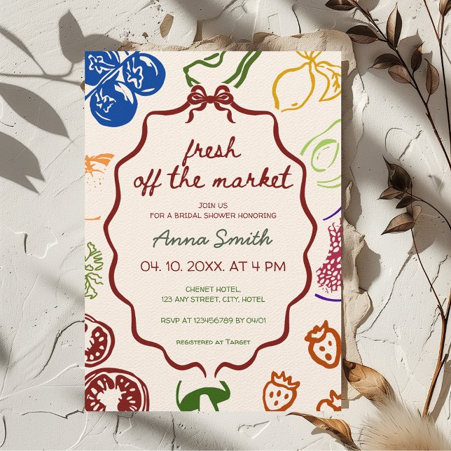 Fresh off Market Ästhetische Farm Brautparty Einladung (Fresh Off the Market Bridal Shower Invitation Hand-drawn Fruits Vegetables Farmer's Market )