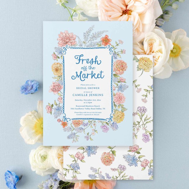 Fresh off Market Blue Bridal Dusche Einladung (Blue Floral Fresh off the market bridal shower invite)