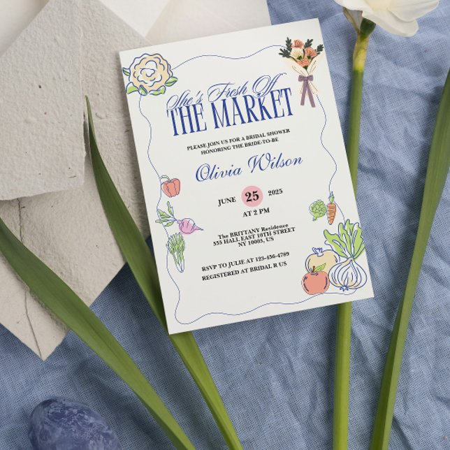 Fresh off Market Brautparty Whimsical Gezeichnet Einladung (fresh off the market bridal shower invitations whimsical  quirky fruits and vegetables  )