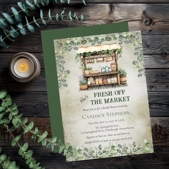 Fresh off Market Farm Stand Brautparty Einladung ("She's Fresh Off The Market" Farm Stand and Eucalyptus Floral Rustic Farm Stand Bridal Shower Invite)