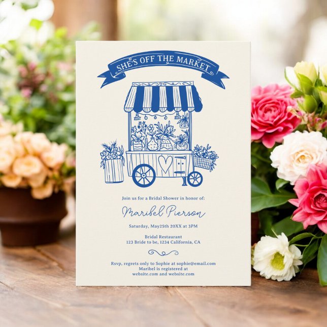 Fresh Off the Market Blues Brautparty Einladung (Off the market floral scribbles bridal shower invitation)