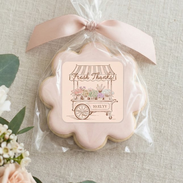 Fresh Off The Market Blumenwagen-Junggesellinnenab Quadratischer Aufkleber (Fresh Off The Market Floral Cart Bridal Shower Square Sticker)