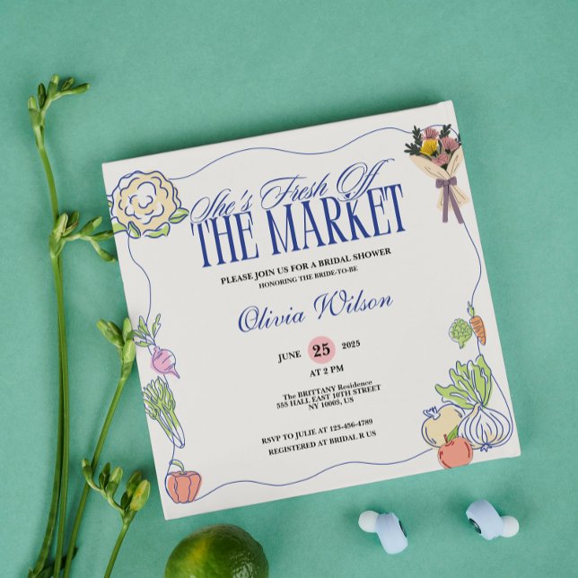 Fresh Off the Market Bridal Shower Whimsical Drawn Einladung (Fresh Off the Market Bridal Shower Whimsical Drawn Invitation)