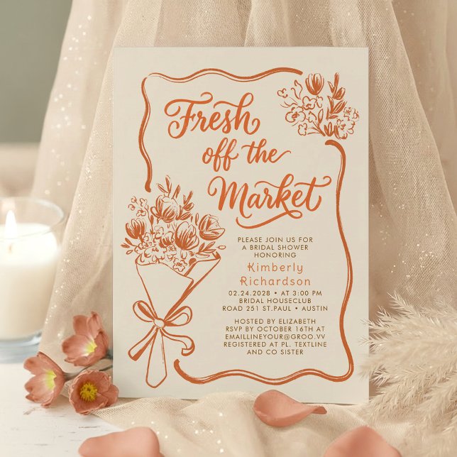 Fresh Off The Market Terracotta Bridal Shower Einladung (Terracotta and Beige Boho Whimsical Hand Drawn Fall Bridal Shower Invitation Fresh Off The Market)