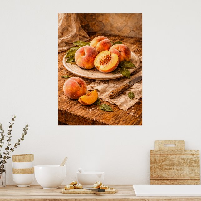Fresh Peaches on Wood a Rustic Still Life Poster (Küche)