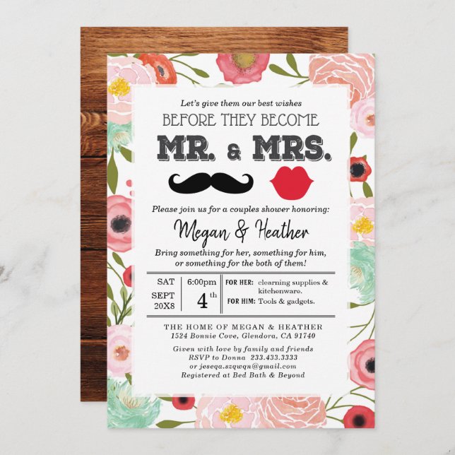 Fresh Pink Floral Couple Verlobung Inv Einladung (Vorne/Hinten)