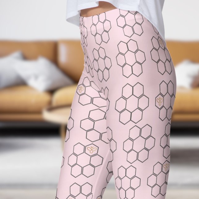 Fresh Pink Honey Beve Hive Pattern Leggings (Honey Hive on Piggy Pink)