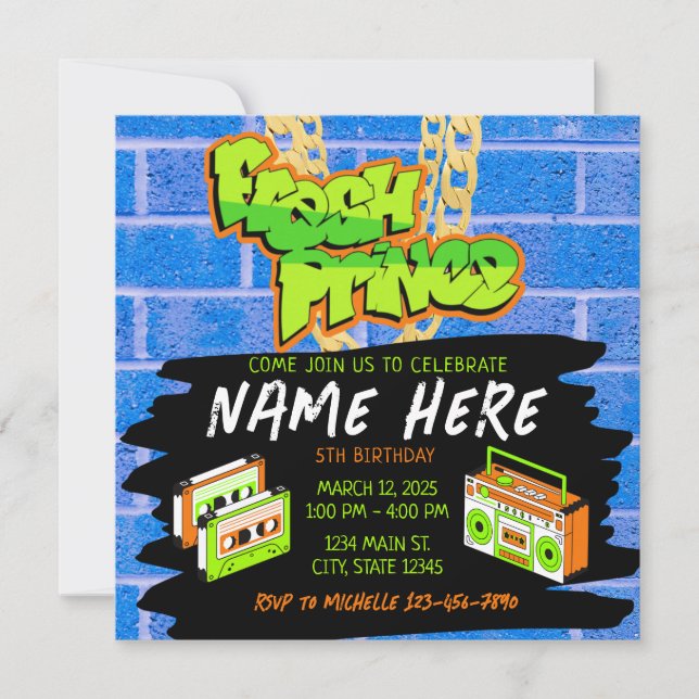 Fresh Prince 90s Boombox Blue Orange Birthday Einladung (Vorderseite)