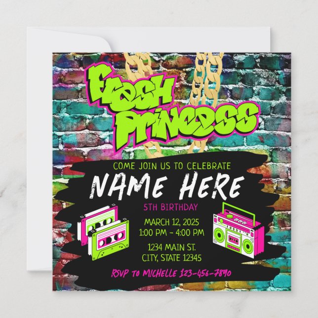 Fresh Princess 90s Boombox Green Pink Geburtstag Einladung (Vorderseite)