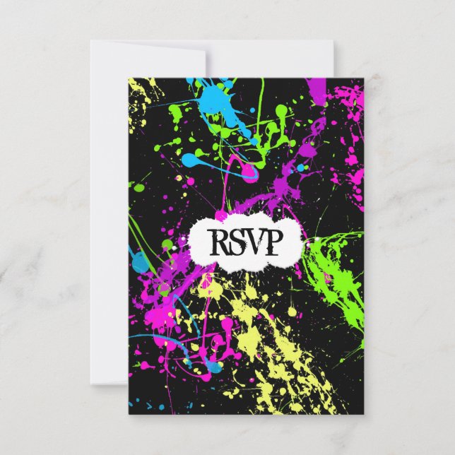 Fresh Retro Neon Paint Spritzer on Black RSVP Karte (Vorderseite)
