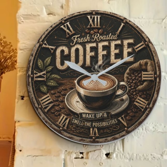 Fresh Roasted Coffee Rustic Farmhouse Große Wanduhr (Von Creator hochgeladen)