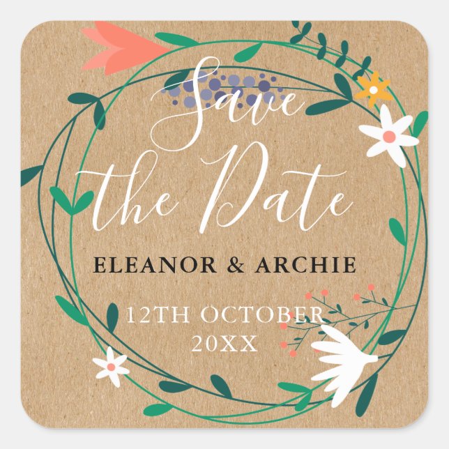 Fresh Spring Floral Garden Save the Date Quadratischer Aufkleber (Vorderseite)