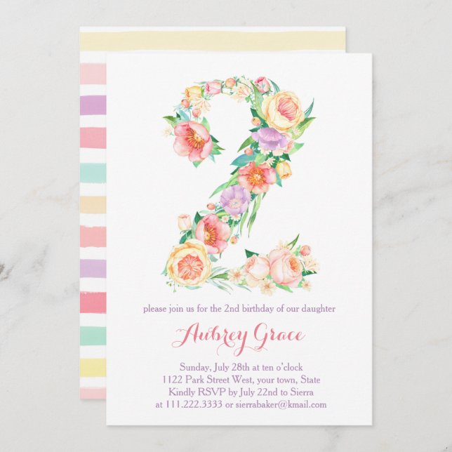 Fresh Spring Second Birthday Party Einladung Girl (Vorne/Hinten)