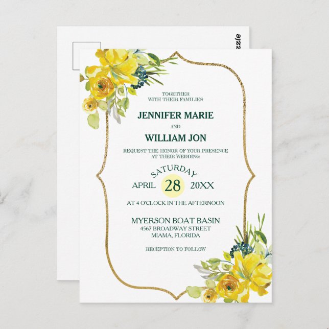 Fresh Spring Yellow Floral Golden Bouquet Hochzeit Postkarte (Vorne/Hinten)