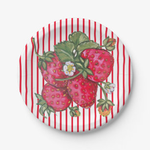 Fresh Strawberry Red White Stripe Summer Dessert Pappteller