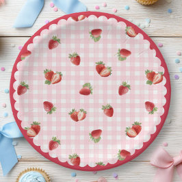 Fresh Strawberry with Pink Gingham Pattern Pappteller