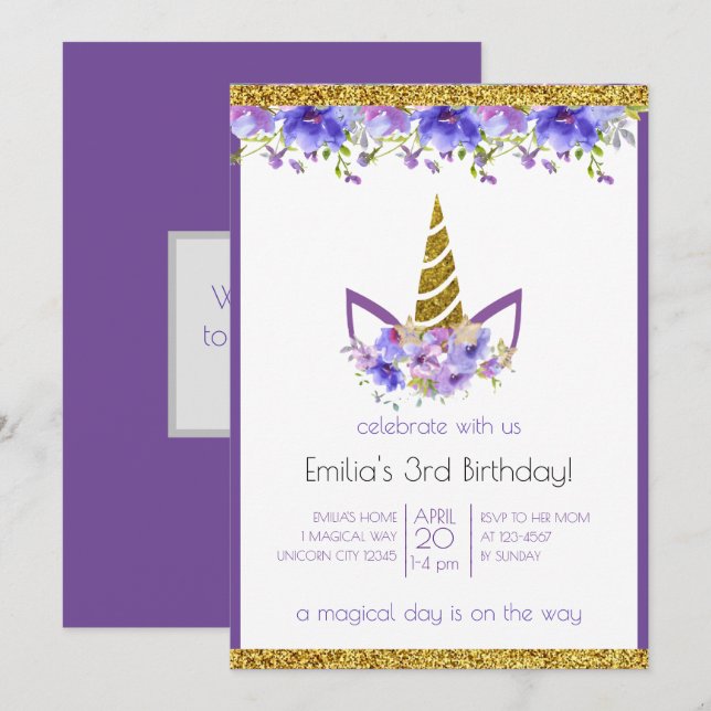 Fresh Violet | Einhornmädchen Geburtstag Einladung (Vorne/Hinten)