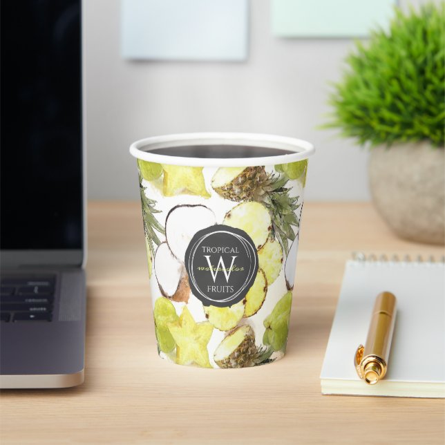 Fresh Watercolor Tropical Fruits Monogram Pattern  Pappbecher (InSitu)