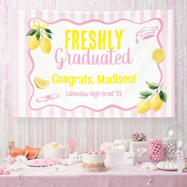 Freshly Graduated Lemon Pink Stripes Banner (Party)