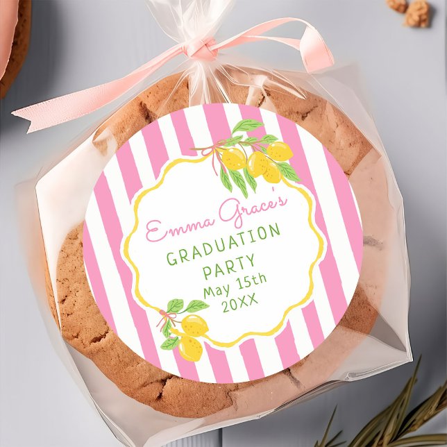 Freshly Graduated Lemon Pink Stripes Graduation Runder Aufkleber (Von Creator hochgeladen)