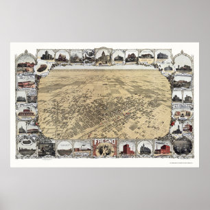 Fresno, CA Panorama Karte - 1901 Poster