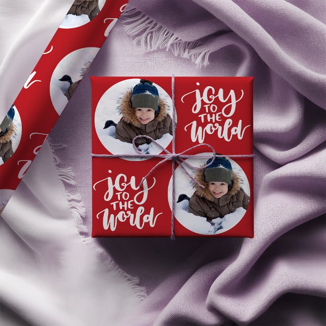 Freude am World Calligraphy Round Foto Red Geschenkpapier (Photo christmas wrapping paper - Joy to the World)