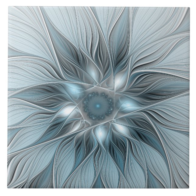 Freude Blume Abstrakt Blue Gray Fraktal Fliese (Vorderseite)