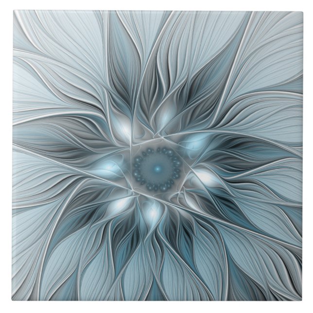 Freude Blume Abstrakt Blue Gray Fraktal Fliese (Vorderseite)