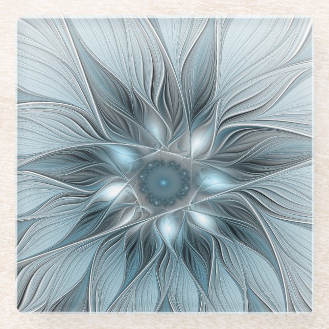 Freude Blume Abstrakt Blue Gray Fraktal Glasuntersetzer (Vorderseite)