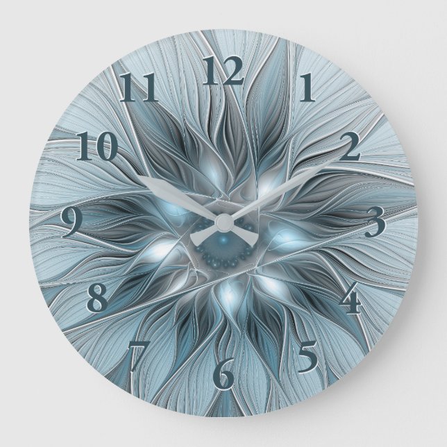 Freude Blume Abstrakt Blue Gray Fraktal Große Wanduhr (Vorderseite)