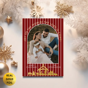 Freude der Welt Rote Weihnachts-Nativitäts-Foto Folien Feiertagskarte