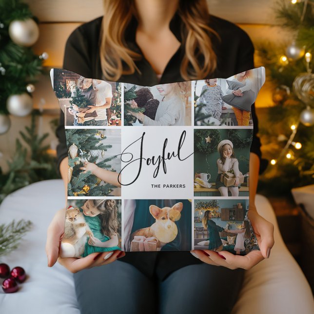 Freude | Elegantes Script Multi Foto Weihnachten Kissen (A black and white Christmas pillow that says "Joyful" in elegant script, with eight of your photos)